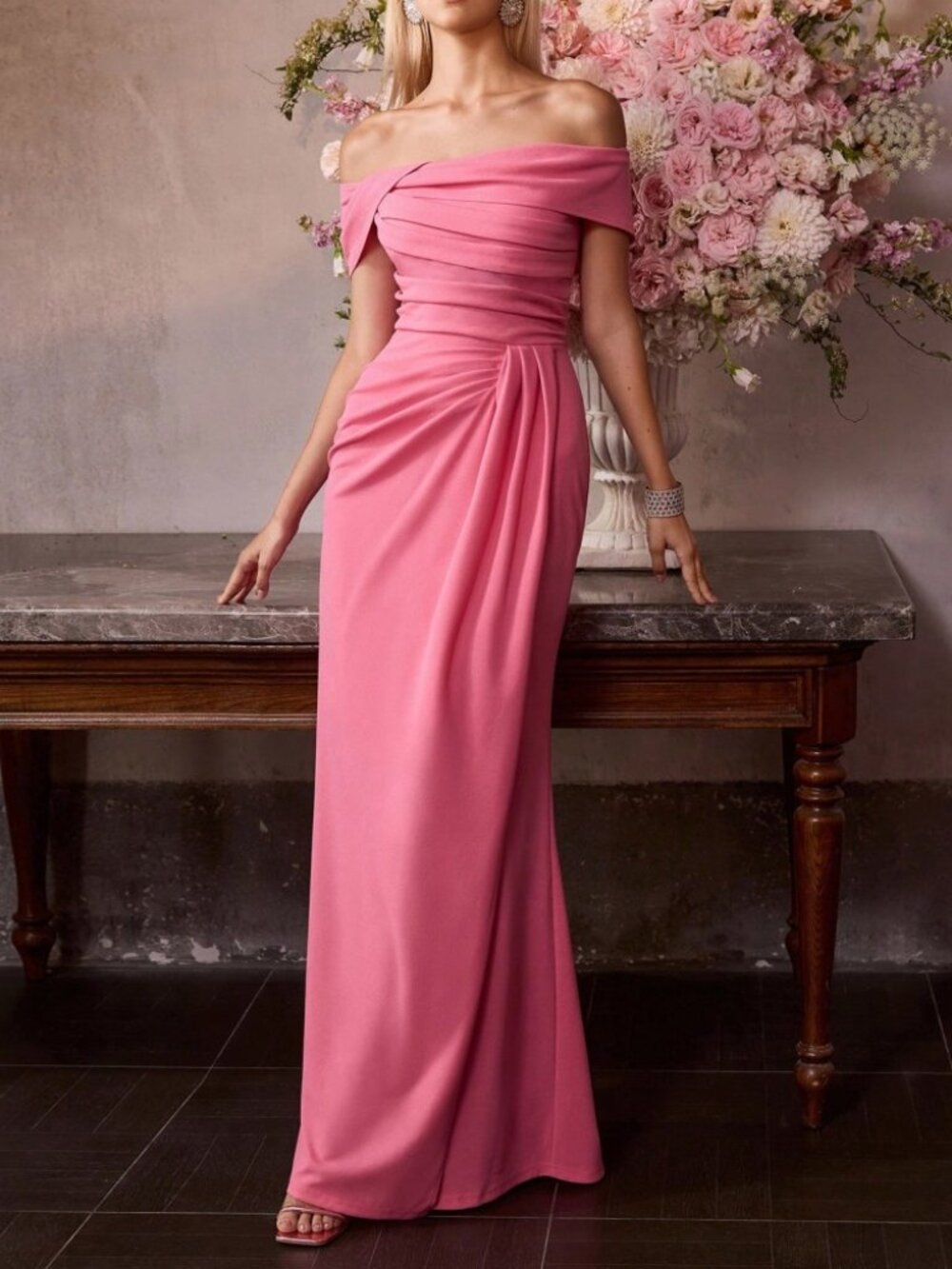 Pink Draped Off the Shoulder Ruched Maxi Dress